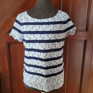 Talbots Womens Floral Striped Lace Top - Size 4 - Blue & White Eyelet